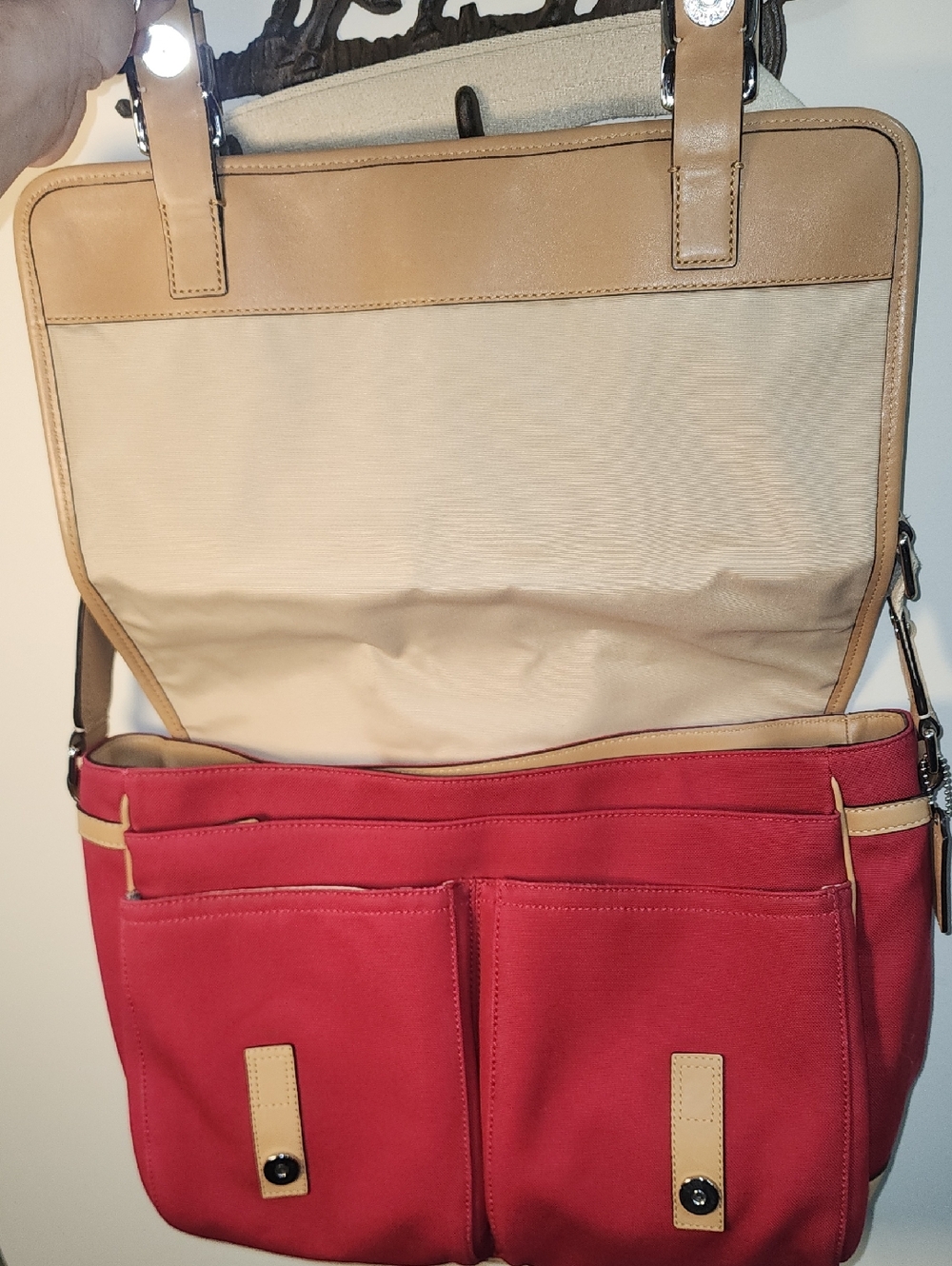 Coach Leather Red Canvas Messenger Bag Cream Trim Striped Accent Business Tote - Picture 9 of 16